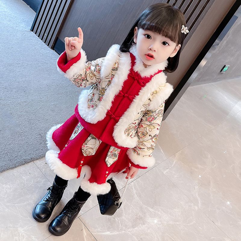 Mới Đầm Sườn Xám Cách Tân Vải Lông Cừu Dày Phong Cách Trung Hoa Thời Trang Mùa Đông Cho Bé Gái