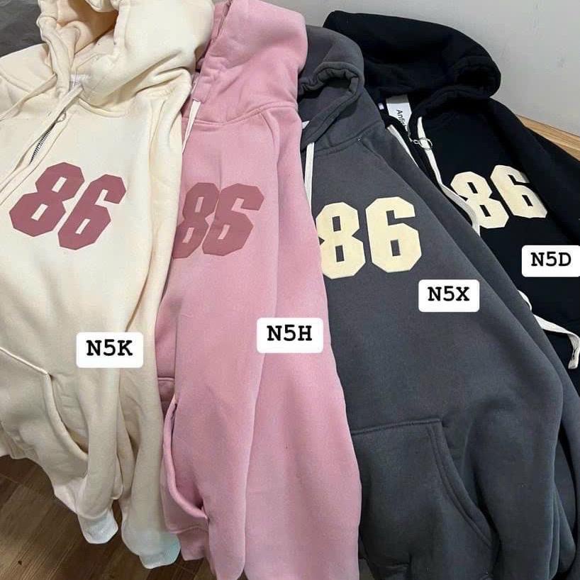 Áo khoác nỉ ngoại dệt xk in 86 có nón dây kéo unisex nam nữ
