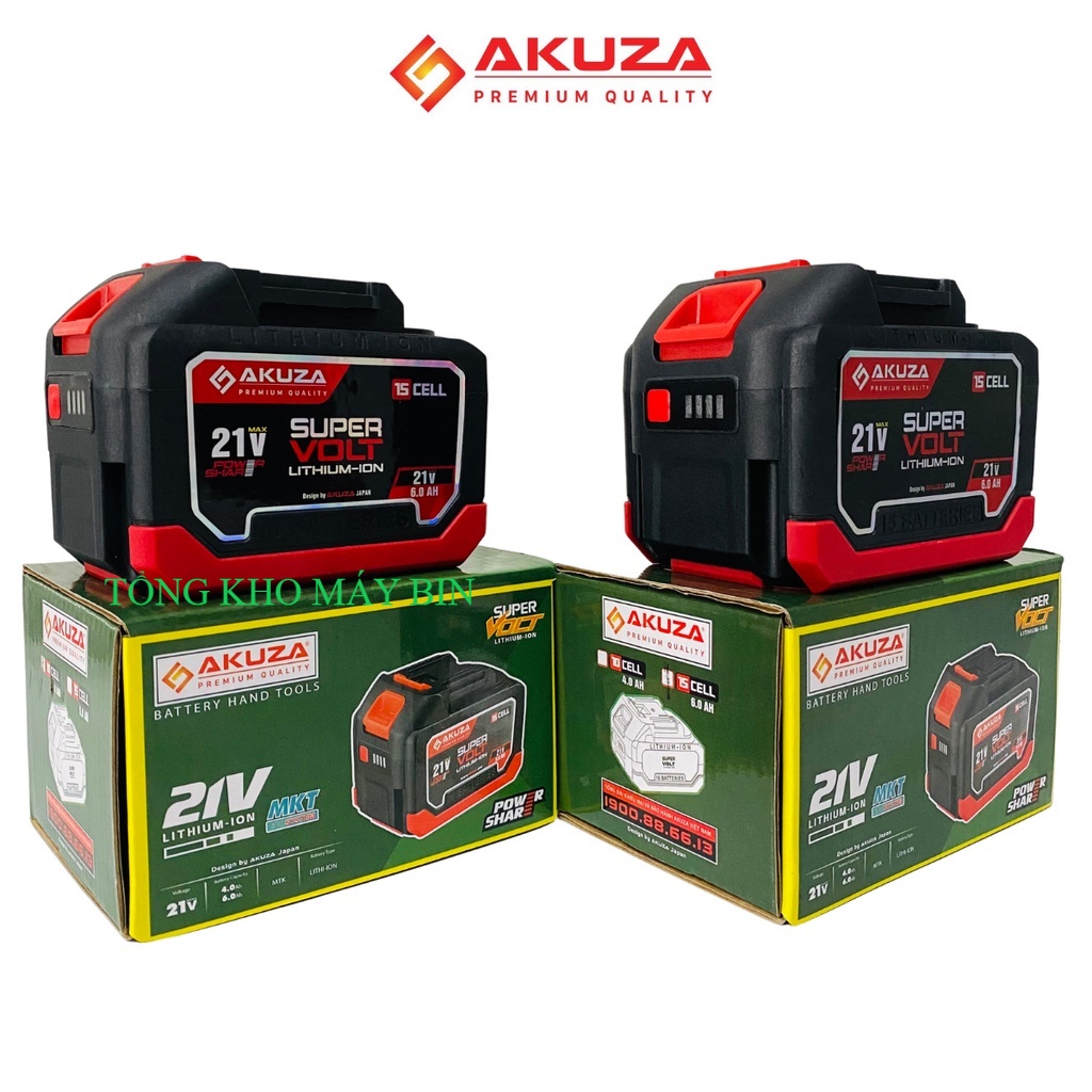 Pin Akuza 10cell và 15cell 21V /có đèn báo pin chân pin phổ thông/ dùng cho máy khoan/ Máy siết bulong Máy mài  .....