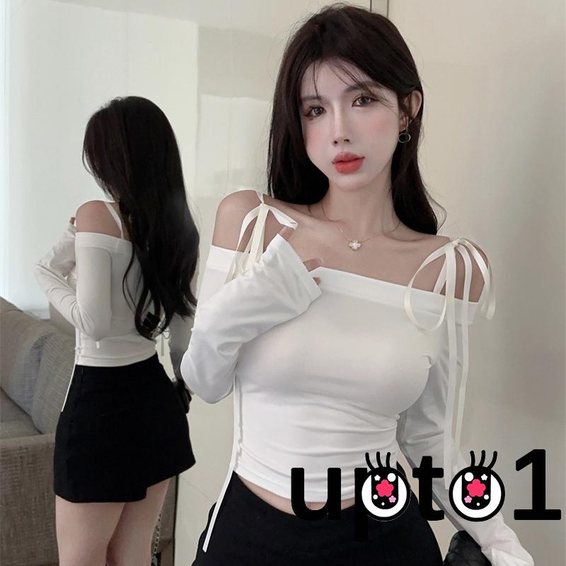 Áo Thun Tay Dài Trễ Vai Thắt Nơ Màu Sắc Trơn Dành Cho Nữ
