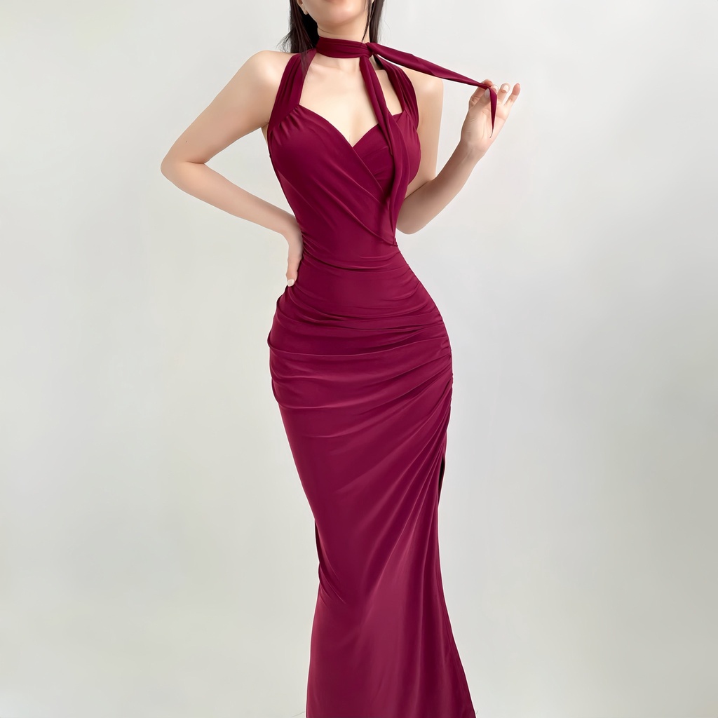 Đầm ôm body midi xẻ tà cổ yếm Emilyshop