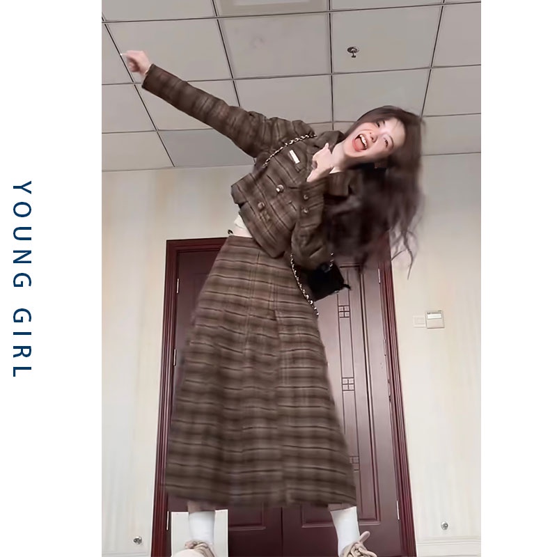 Bộ Áo Khoác Vest + Chân Váy Xếp Ly Sọc Ca Rô Thời Trang retro Thanh Lịch Cho Nữ