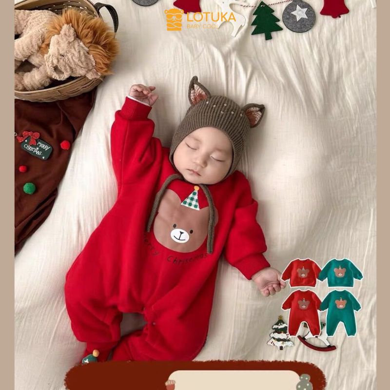 Body Nỉ Bông Noel Hình Gấu Ấm Áp Cho Bé, Bodysuit LOTUKA Cho Bé Trai Bé Gái, Quần Áo Trẻ Em Thu Đông Size 3-12kg