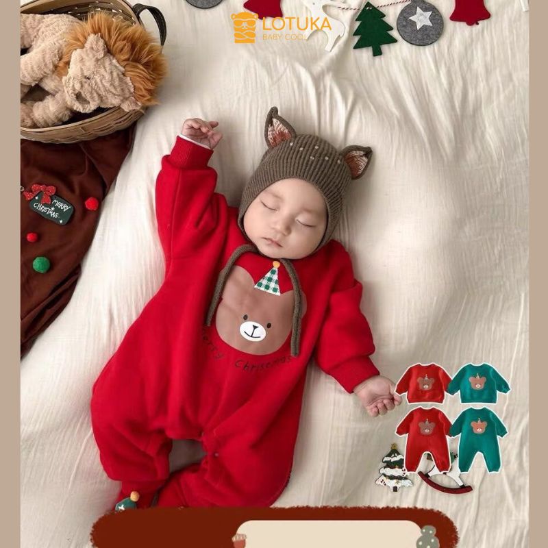 Body Nỉ Bông Noel Hình Gấu Ấm Áp Cho Bé, Bodysuit LOTUKA Cho Bé Trai Bé Gái, Áo Thu Đông, Quần Áo Trẻ Em Size 3-12kg