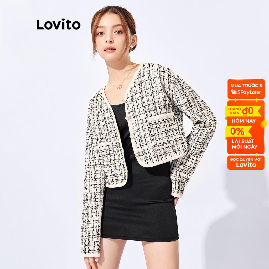 Áo khoác Lovito kẻ sọc có túi và nút phối viền tương phản phong cách Hàn Quốc thanh lịch L32FW096 (màu kem - trắng)