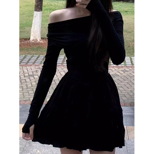 COZOK Đầm Tay Dài Hở Vai Dáng Chữ A Phong Cách Thời Trang Hàn Quốc