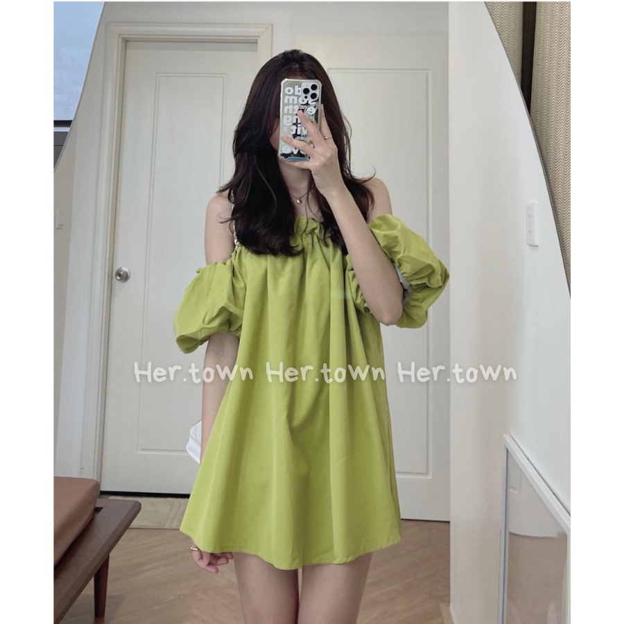 Áo váy trễ vai tay bồng tiểu thư- Đầm babydoll hở vai dáng xòe về 4 màu trắng đen hồng nâu xanh cốm 