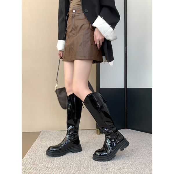Bốt Da Bóng Đế Dày Mũi Tròn Phong Cách Hàn Quốc Thời Trang 2023 Cho Nữ