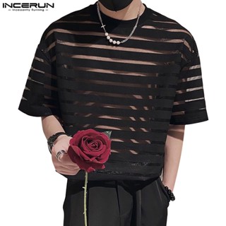 Áo thun INCERUN tay ngắn cổ tròn họa tiết kẻ sọc ngang xuyên thấu thời trang cá tính cho nam