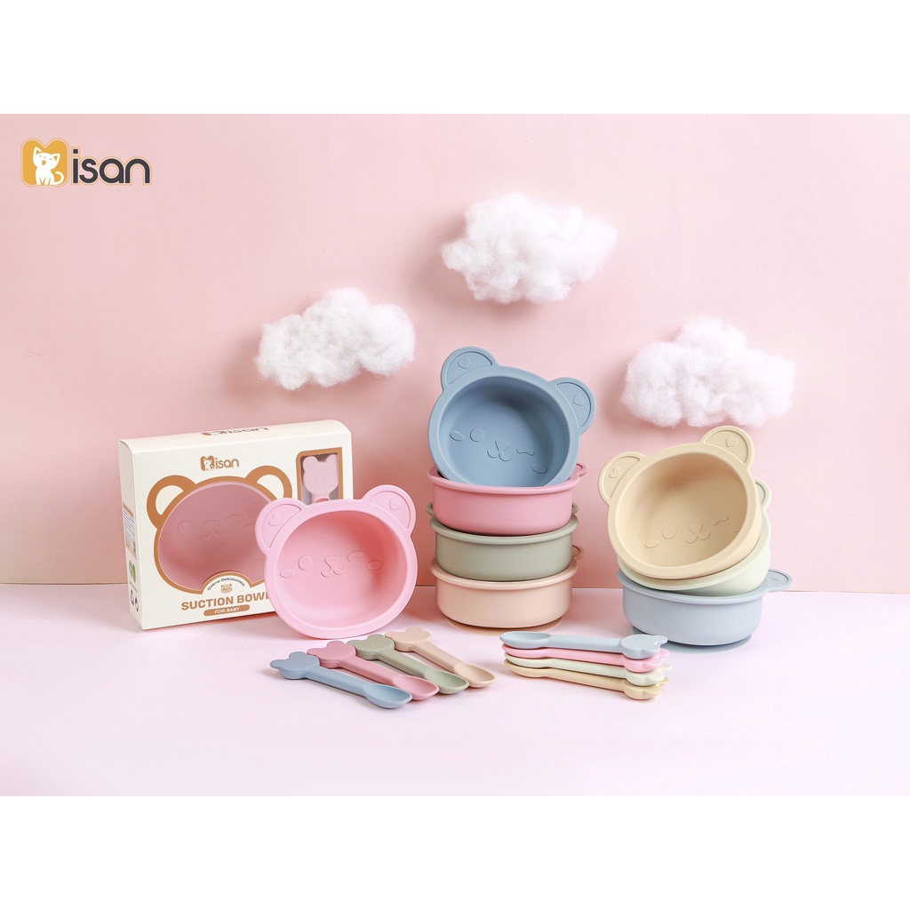 Set bát Misan Gấu silicon kèm muỗng có đế hít chống đỗ cho bé ăn dặm CarynShop