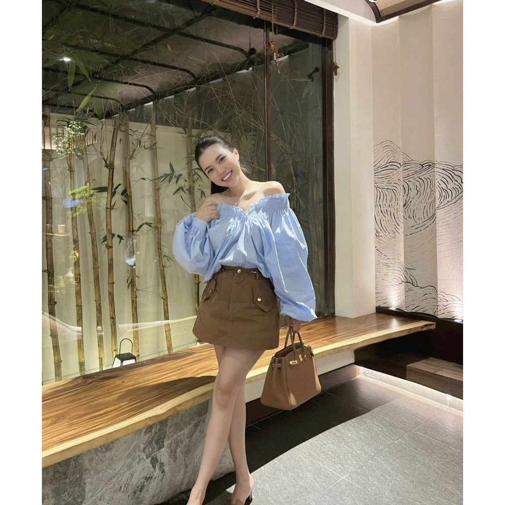 SET ÁO XANH TRỄ VAI BOTHUN TAY PHỒNG +CHÂN VÁY KAKI NÂU