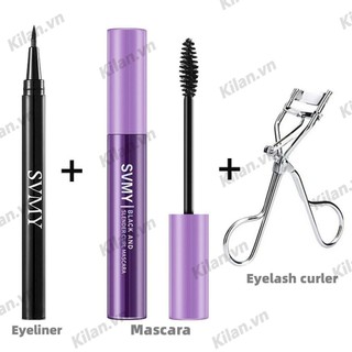 Svmy 3 Bộ Trang Điểm Mắt Bút Kẻ Mắt Không Thấm Nước Bút Chì Kẻ Mắt Màu Đen +Đen Sáng Thanh Mảnh Làm Uốn Mắt Mascara Màu Đen + Dụng Cụ Bấm Mi AUBESSSTORE