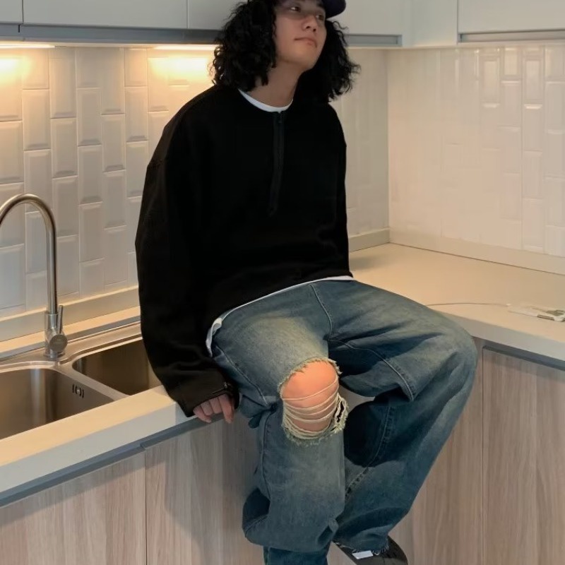 Magee Áo sweater Cổ Tròn Dáng Rộng Cao Cấp Màu Trơn Có Khóa Kéo Nửa Hình Bánh waffle Phong Cách retro Hàn Quốc Thường Ngày Cho Nam