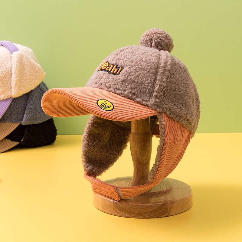 Mũ Lưỡi Trai Vải Nhung Lông Cừu Dày Dặn Giữ Ấm Tai Chống Gió Thời Trang Thu Đông Cho Bé