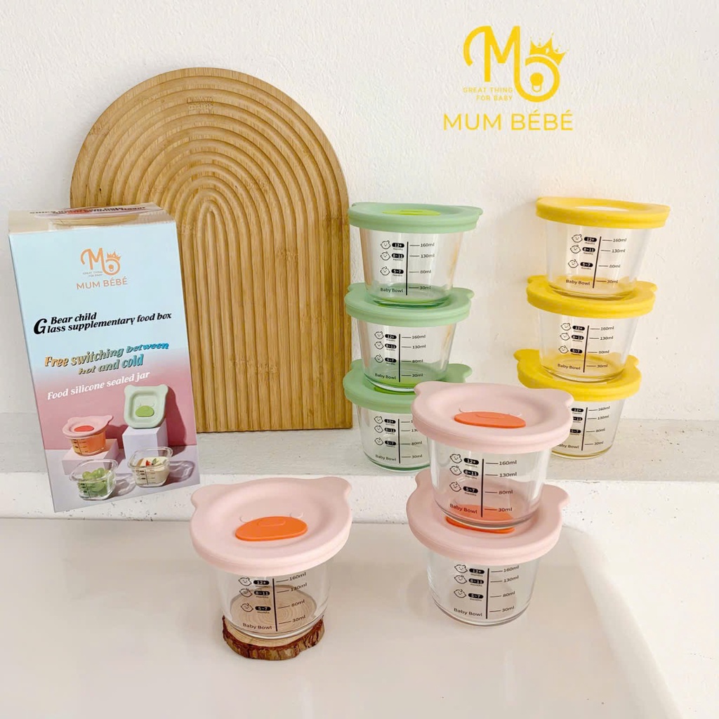 Hũ Thủy Tinh Có Nắp Đậy Và Chia Vạch MumBébé, Hộp Thủy Tinh Mumbebe Thực Phẩm Trữ Có Nắp Cho Bé