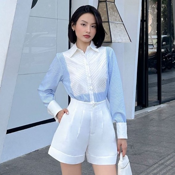 NHẬN NGAY VOUCHER 200K HÔM NAY || JOVEN Áo Sơ Mi Mulan Sọc Xanh Phối Xếp Ly Trắng Trẻ Trung Thanh Lịch