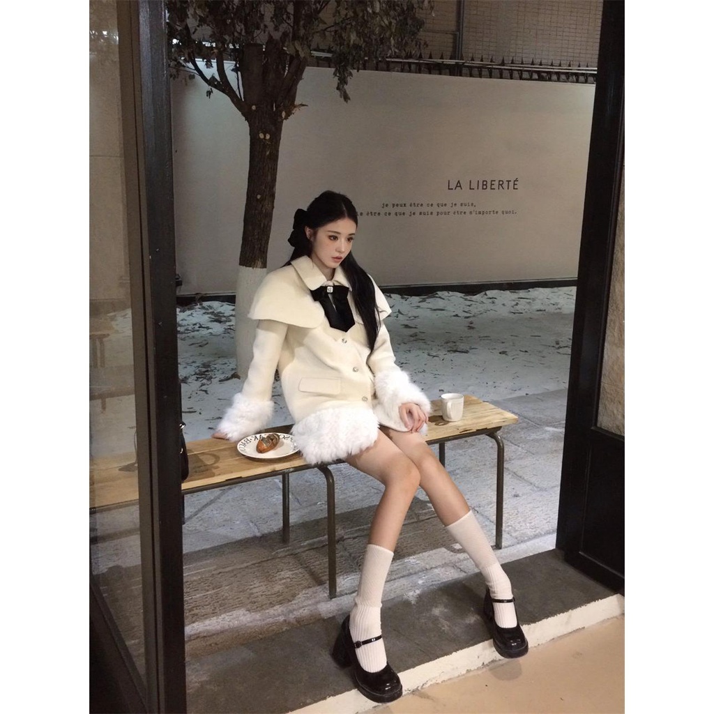 Fujia Áo Khoác Len Dày Dặn Giữ Ấm Mùa Đông Phong Cách niche Thiết Kế Ghép Vải Lông Dành Cho Bạn Nữ