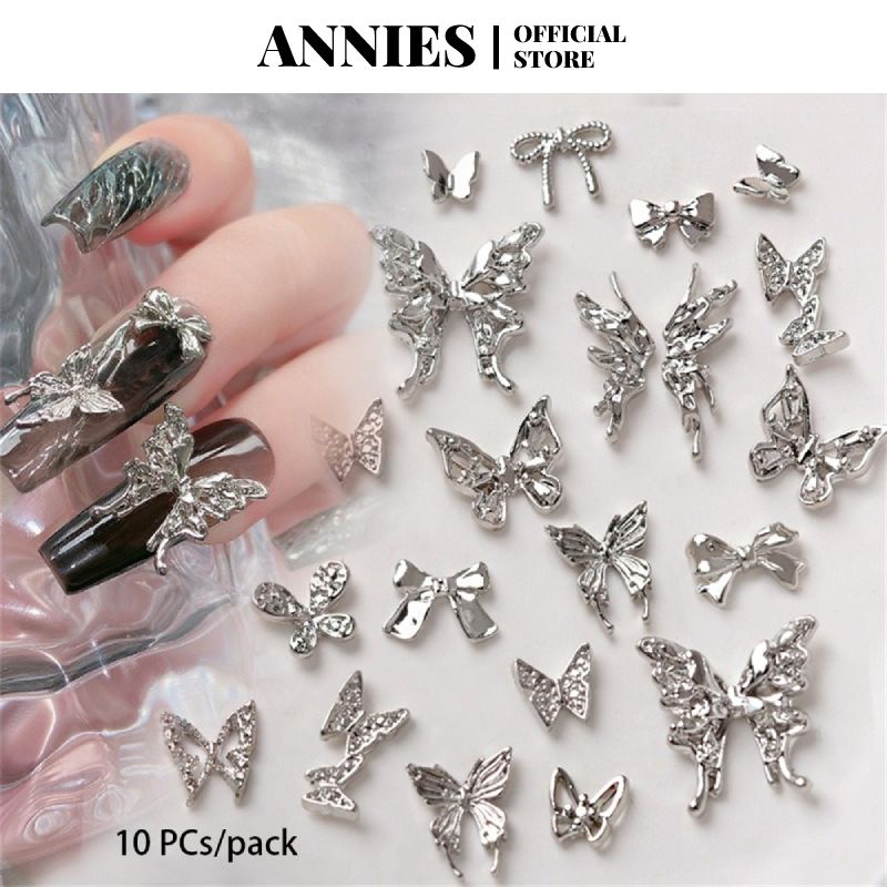 ANNIES Set 10PCS Phụ Kiện Trang Trí Móng Tay Hình Đôi Cánh Lớn Bằng Kim Loại Màu Bạc