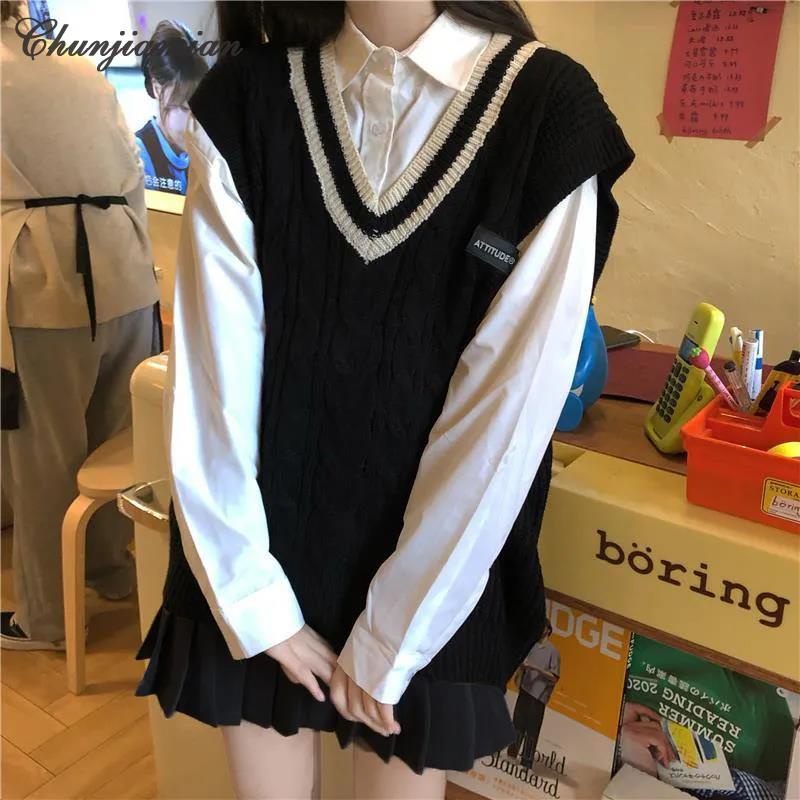 Áo sweater Dệt Kim Đồng Phục Cổ Chữ v Thời Trang Xuân Thu Mới