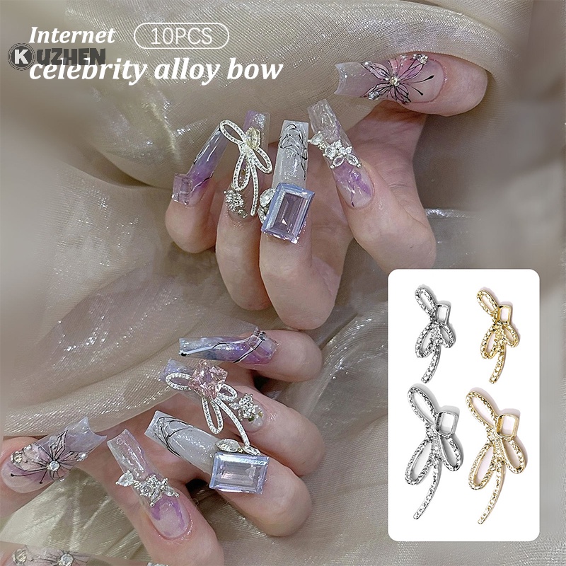 Set 10 Phụ Kiện Trang Trí Móng Tay 3d Màu Vàng / Bạc Hình Nơ