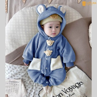  Bodysuit Liền Mũ Lông Cừu Siêu Mịn 2 Mặt Ấm Áp Cho Bé Body Đính Gấu LOTUKA Cho Bé Trai Bé Gái Bộ Liền Thân Trẻ Em 