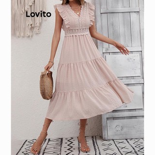 Đầm xòe Lovito xếp nếp màu trơn phong cách Boho cho nữ LNL36143 (Hồng nhạt)