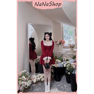 Đầm váy xòe nữ phối ren nhung cổ vuông dáng xòe ngắn, Đầm nữ thiết kế áo tay dài cổ vuông viền bèo ngắn