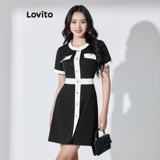 Đầm Lovito nút trước ghép nối màu trơn thanh lịch cho nữ LBL07182