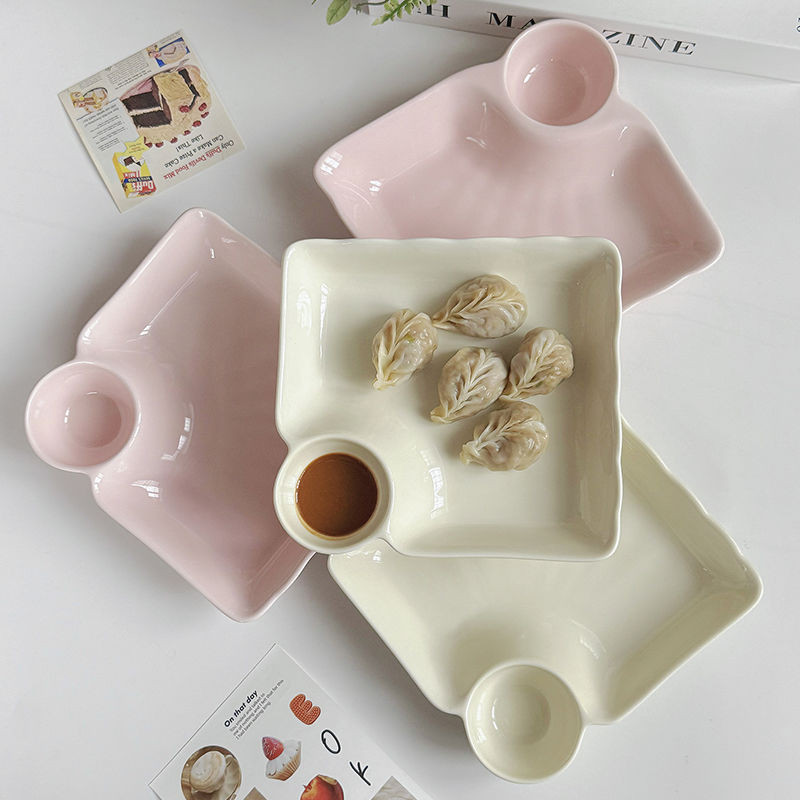 Girl's Heart Dumpling Plate Ceramic Square Household Vegetable Plate Plate Breakfast Fried Chicken G
