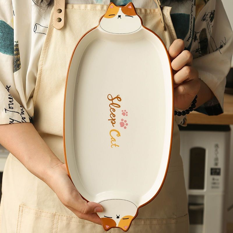Steamed fish plate, household fish plate, cute Japanese ceramic plate, binaural plate, very beautifu