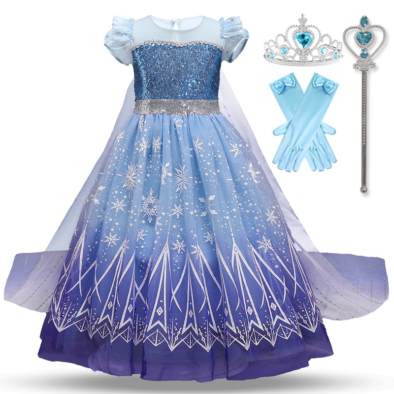 Đầm Hóa Trang Công Chúa elsa Phối Áo Choàng Đính Kim Sa Lấp Lánh Cho Bé Gái 3-10 Tuổi