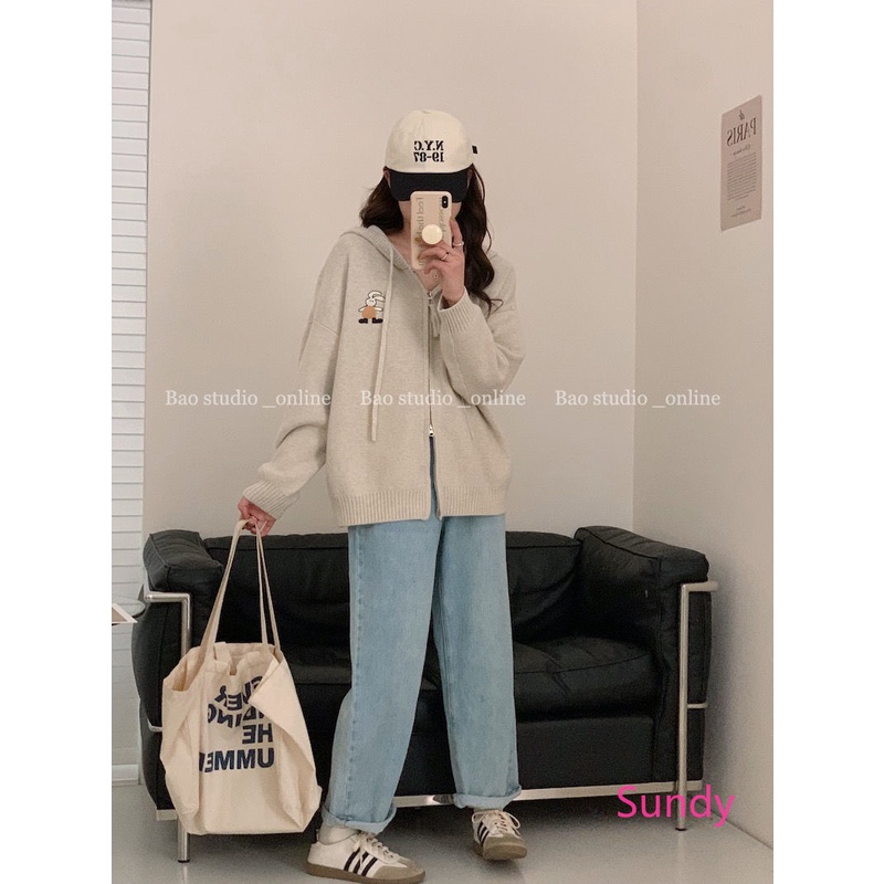 Plus Áo Khoác cardigan Dệt Kim Phối Khóa Kéo Thêu Hình Thỏ Xinh Xắn Cho Nữ