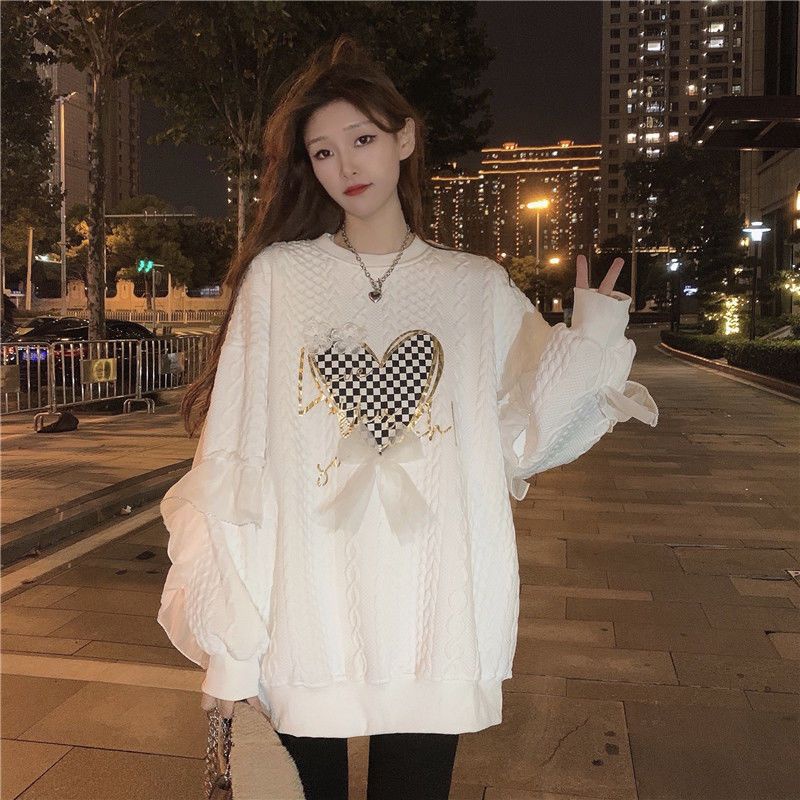 Uiowoo Áo Khoác sweater Tay Dài Dáng Rộng In Hình Trái Tim Phong Cách retro Thu Đông 2021 Cho Nữ