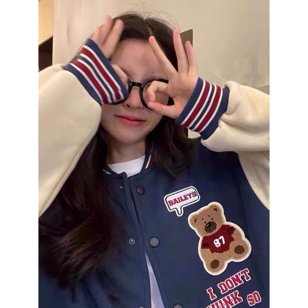 Áo khoác bomber varsity thêu hình gấu teddy , chất nỉ ấm áp phong cách cho cả nam và nữ EB014 Meme