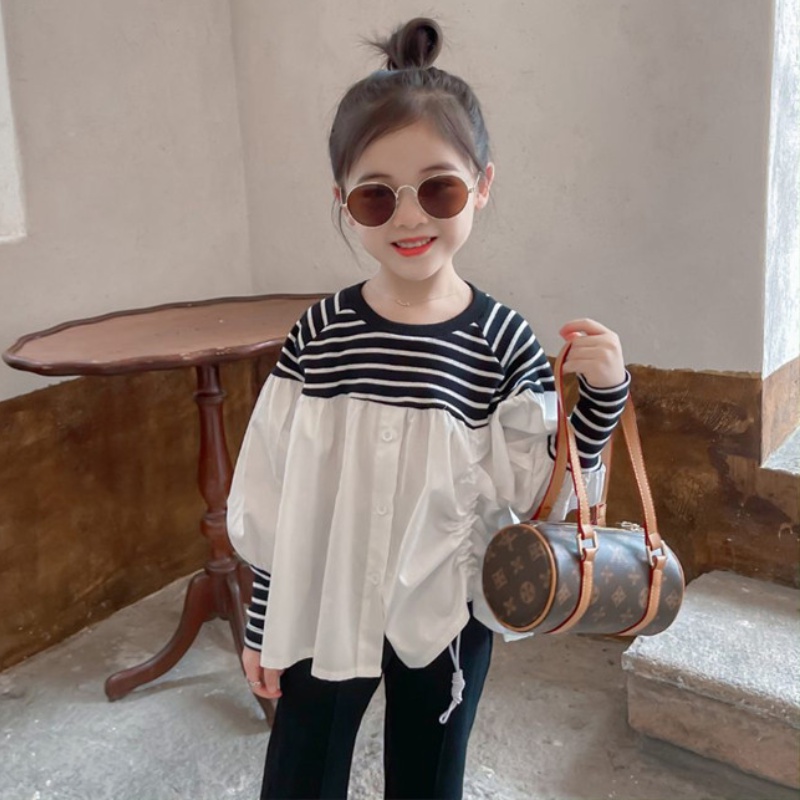 IKIDS Trẻ em phiên bản Hàn Quốc của trẻ em gái áo lót mùa xuân và mùa thu mới của trẻ em gái sọc đen trắng áo cổ tròn quần áo trẻ em