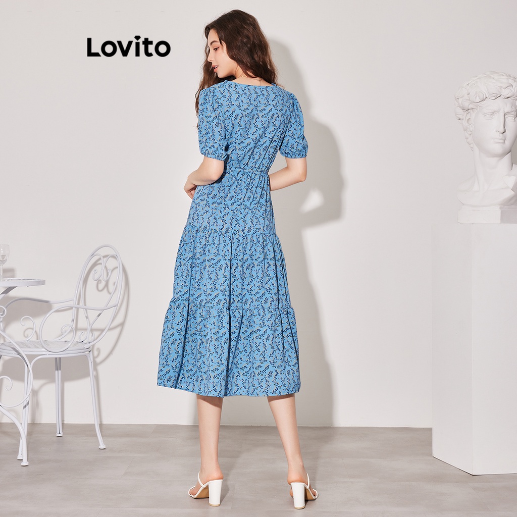 Đầm Lovito họa tiết hoa nhí xếp tầng tay phồng phong cách thường ngày thời trang cho nữ L59ED111