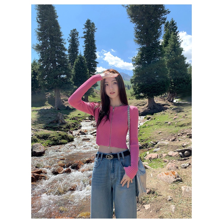 Áo cardigan Dệt Kim Dài Tay Dáng Ôm Phối Khóa Kéo Đôi Thời Trang Thu Đông Hàng Mới 2023 Dành Cho Bạn Nữ