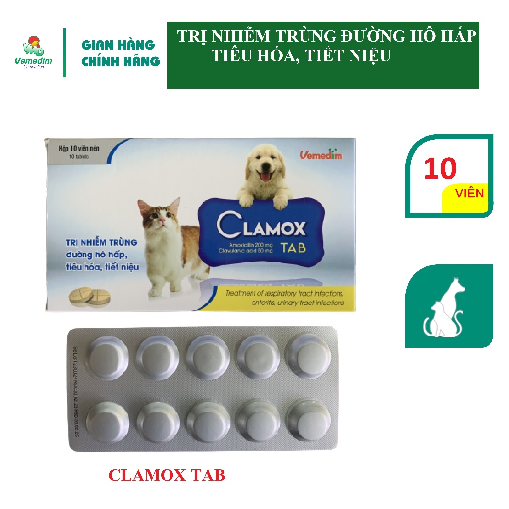 Vemedim Clamox tab viên uống dùng cho chó mèo hỗ trợ hô hấp, tiết niệu, tiêu hóa, 10 viên/hộp