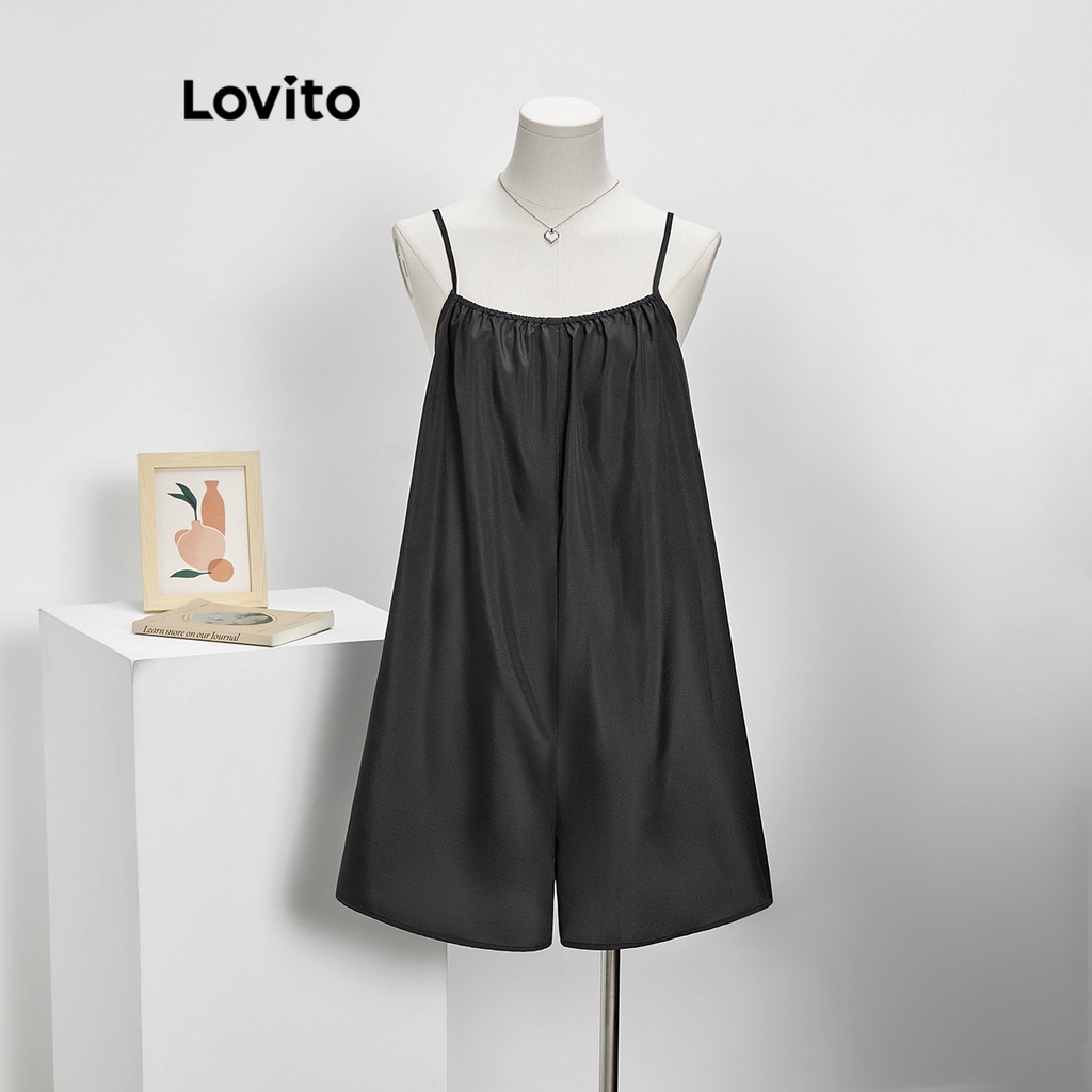 Áo liền quần Lovito hai dây dáng xòe cột dây sau hở lưng màu trơn thường ngày cho nữ LNE16037 (màu đen)