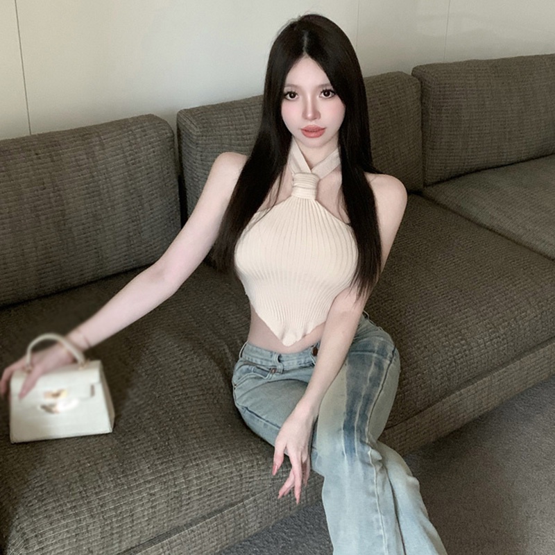 Áo Croptop Dệt Kim Dáng Ôm Màu Sắc Đơn Giản Thời Trang Mùa Hè Quyến Rũ Cho Nữ
