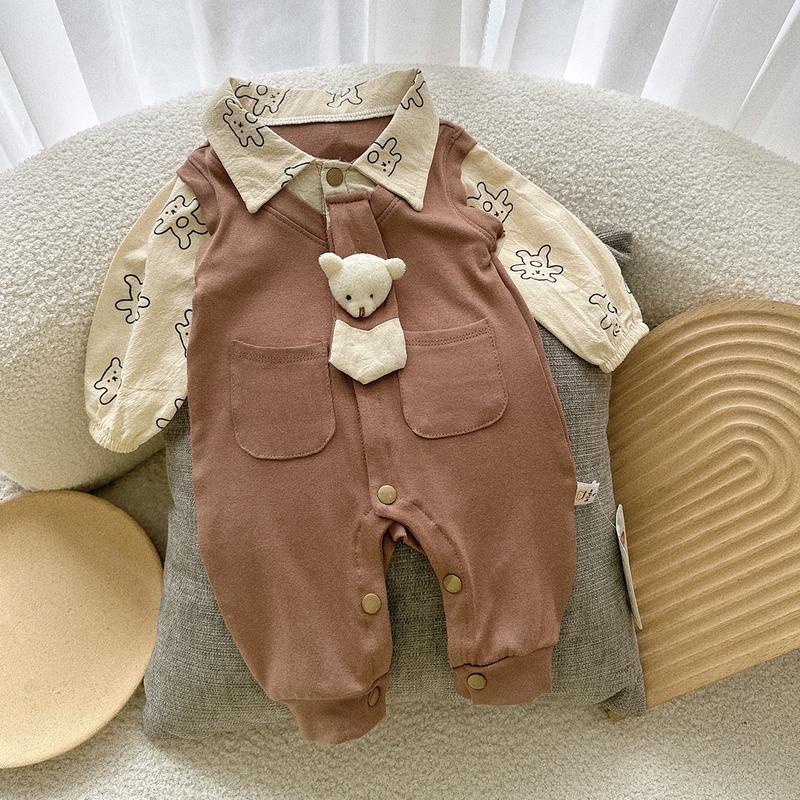 Body Liền Quần CARAVAT GẤU Nâu và Kem Chất Zip Hàn Cho Bé Trai Sơ Sinh Mặc Thu Đông