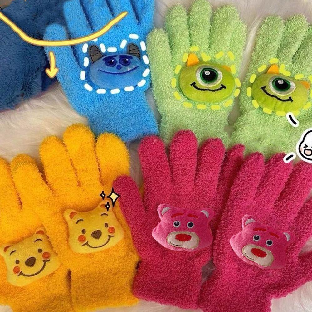 Găng Tay Lái Xe Năm Ngón Hình Gấu Bông Màu Trắng Ngà Hoạt Hình Dễ Thương Lông Cừu San Hô Đeo Ngón Tay Giữ Ấm Mùa Thu Đông