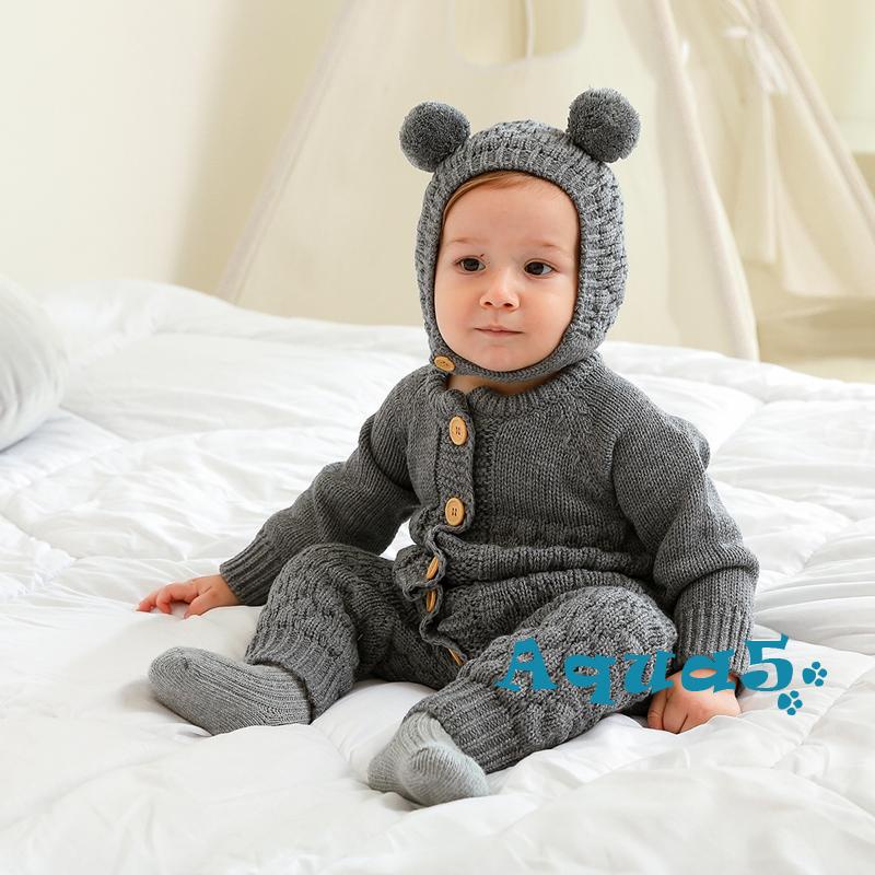 Aqua-bộ 2 Món Áo Liền Quần Dệt Kim Tay Dài Màu Trơn + Mũ Gấu Thời Trang Mùa Đông Cho Bé