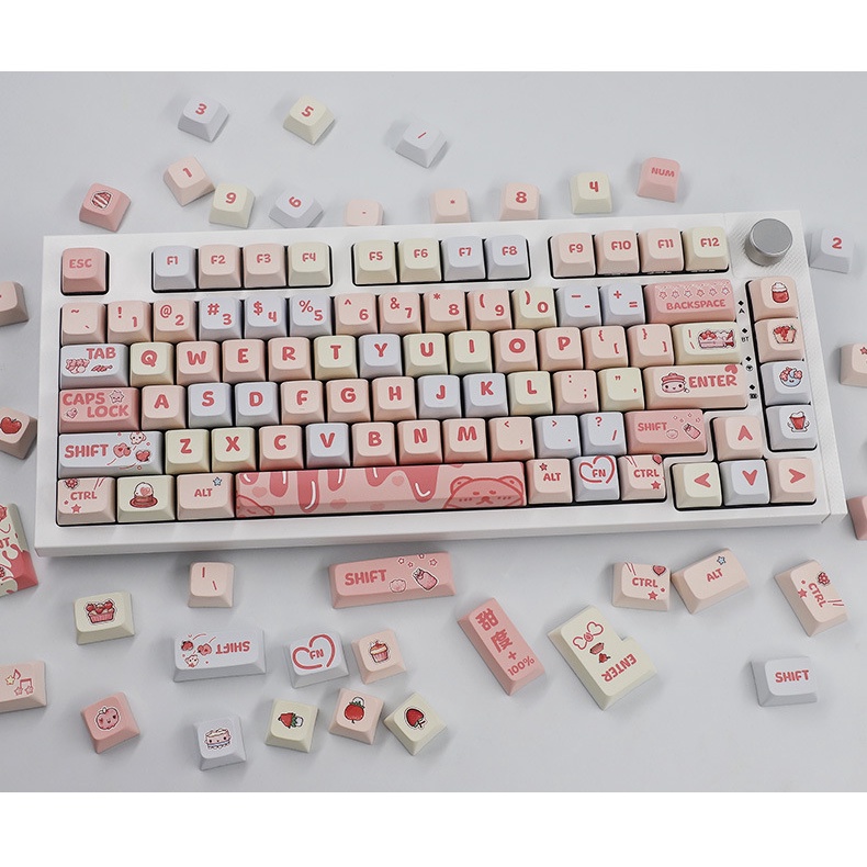 Cream Strawberry Theme Keycap 133 Keys Cute Pink Keycap Bàn Phím Cơ 133 Phím Họa Tiết Trái Dâu Dễ Thương Bắt Mắt