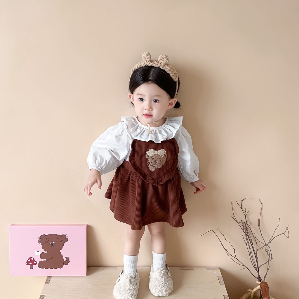 Bộ Áo Cổ Ren In Hoạt Hình + Chân Váy Yếm Xinh Xắn Thời Trang Cho Bé Gái