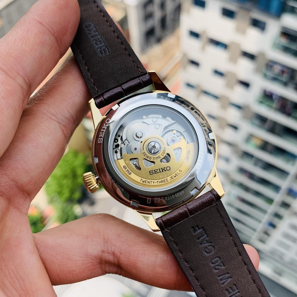Đồng hồ Nam Seiko cơ tự động Presage Cocktail, kính cường lực Hardlex, dây da SRPB44J1 Chính Hãng