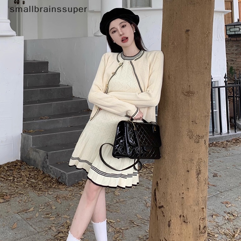 Smallbrainssuper set Áo Khoác cardigan Váy mini Xếp Ly Quyến Rũ Cho Nữ  sbs