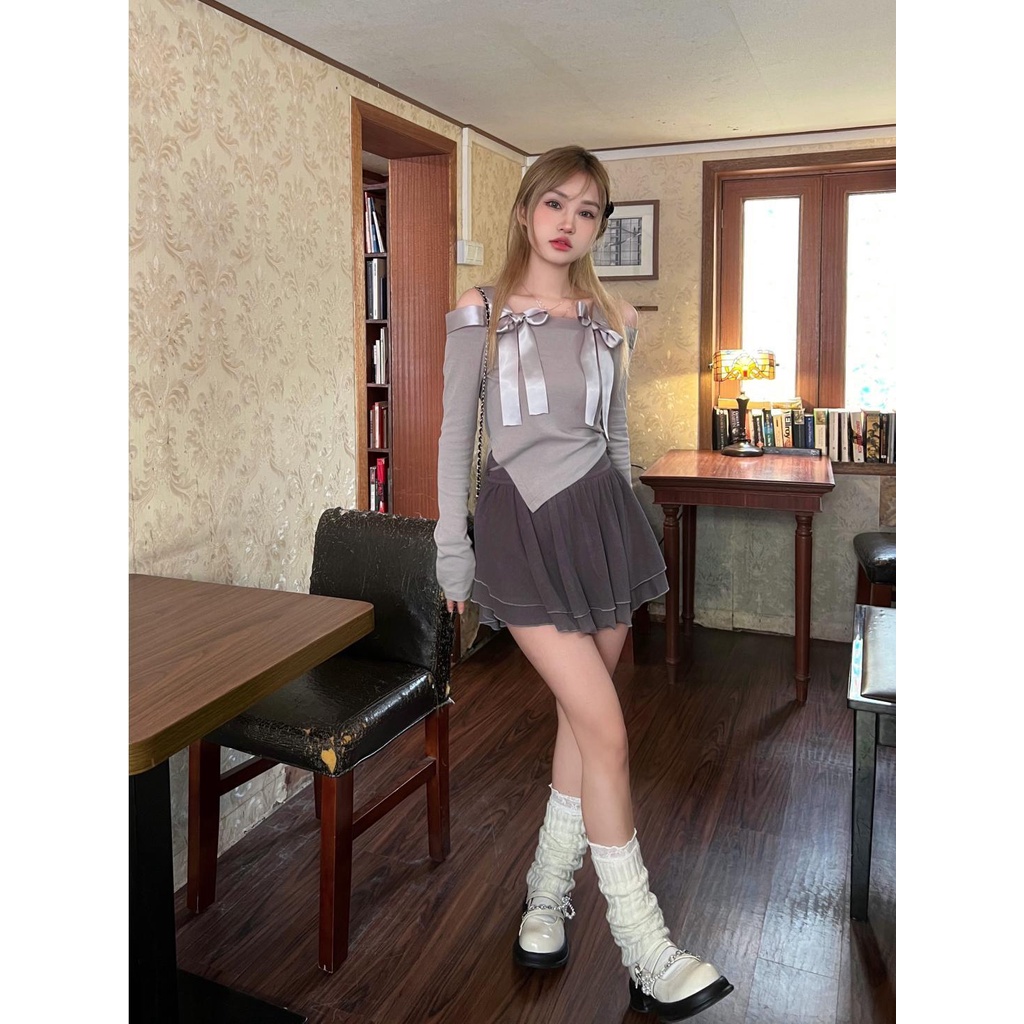 XIYUYI Áo Kiểu Ba Lê Ôm Dáng Tay Dài Hở Vai Phối Ruy Băng Nơ Cho Nữ