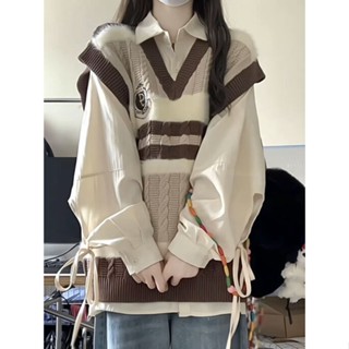 【Bess's house áo trắng+gile nữ,set len nữ,áo len mongtoghi nữ,áo len nữ,đồ thu đông nữ,Set Áo Sơ Mi Dài Tay Cổ Chữ v + Áo Len Không Tay Thiết Kế Mới Thời Trang Mùa Xuân Thu Theo Phong Cách Nhật Bản Cho Nữ,áo len hàn quốc,set len nữ quảng châu