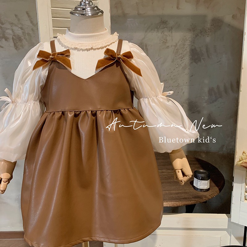 ÁO LEN TAY BỒNG MIX VÁY DA ĐÍNH NƠ PHONG CÁCH CHO BÉ- HÀNG QCCC